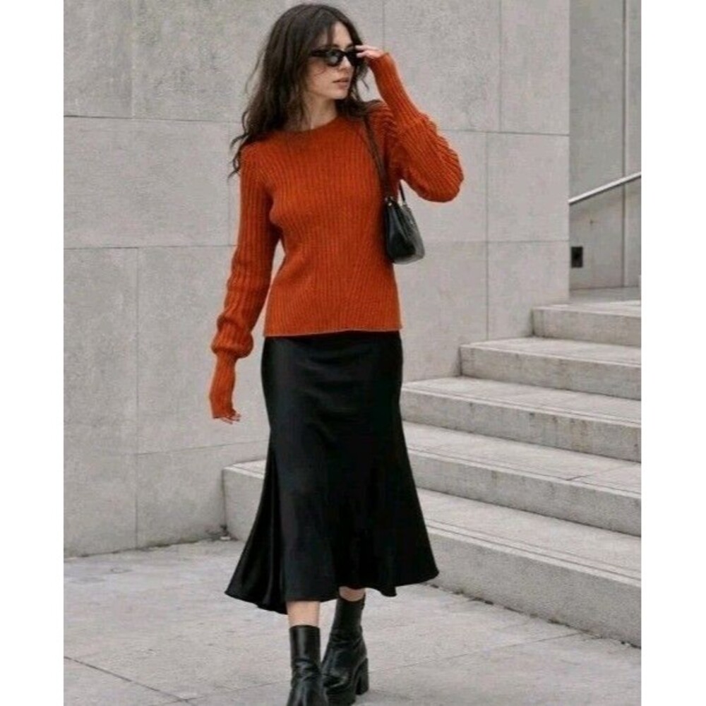NWT Jo Flower Burnt Orange Cable Knit Bishop Sleeve Sweater Medium $88